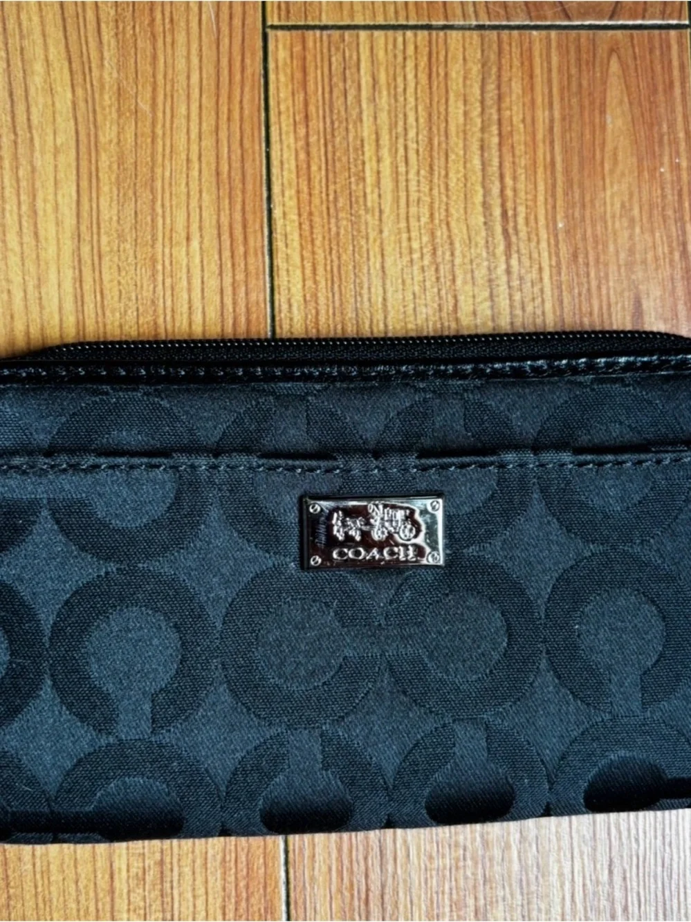 Coach Black Signature Jacquard Wristlet with Metal Plaque